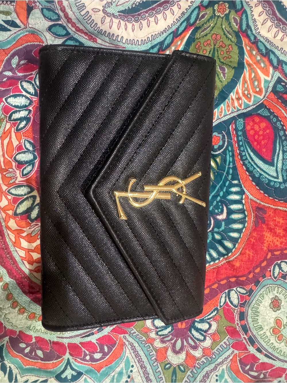 Black Quilted Leather Wallet with Gold Logo
